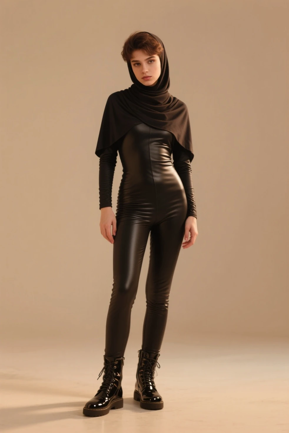 A girl wearing hijab . Innocent face. Long leg. Wearing full body black latex suit. High quality. High resolution