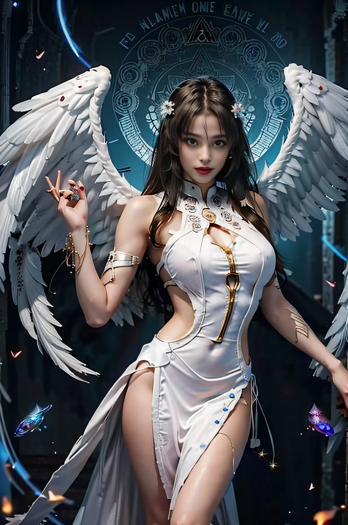 Intricate 3d rendering ultra-detailed beautiful angel of death, biomechanical robot, simulated 150mm lens, beautiful natural soft edge light, neon veins, roots, white delicate leaf lace, colorful details, Boris Bidjan Saberi costume, pearl earrings, piercings, art nouveau fashion embroidery, intricate details, mesh lines, Mandelbrot fractals, facial muscles, cables, microchips, villains, surreal, ultra-detailed, octane, volumetric lighting, 8k and post-production, red The white has a little bit of black, Metal Skeleton Details, Half-Human, Iridescent, Glenn Brown Style, Futuristic Room, Power of God, High Angle Shot, Complex Body Poses, white dress up, 8k