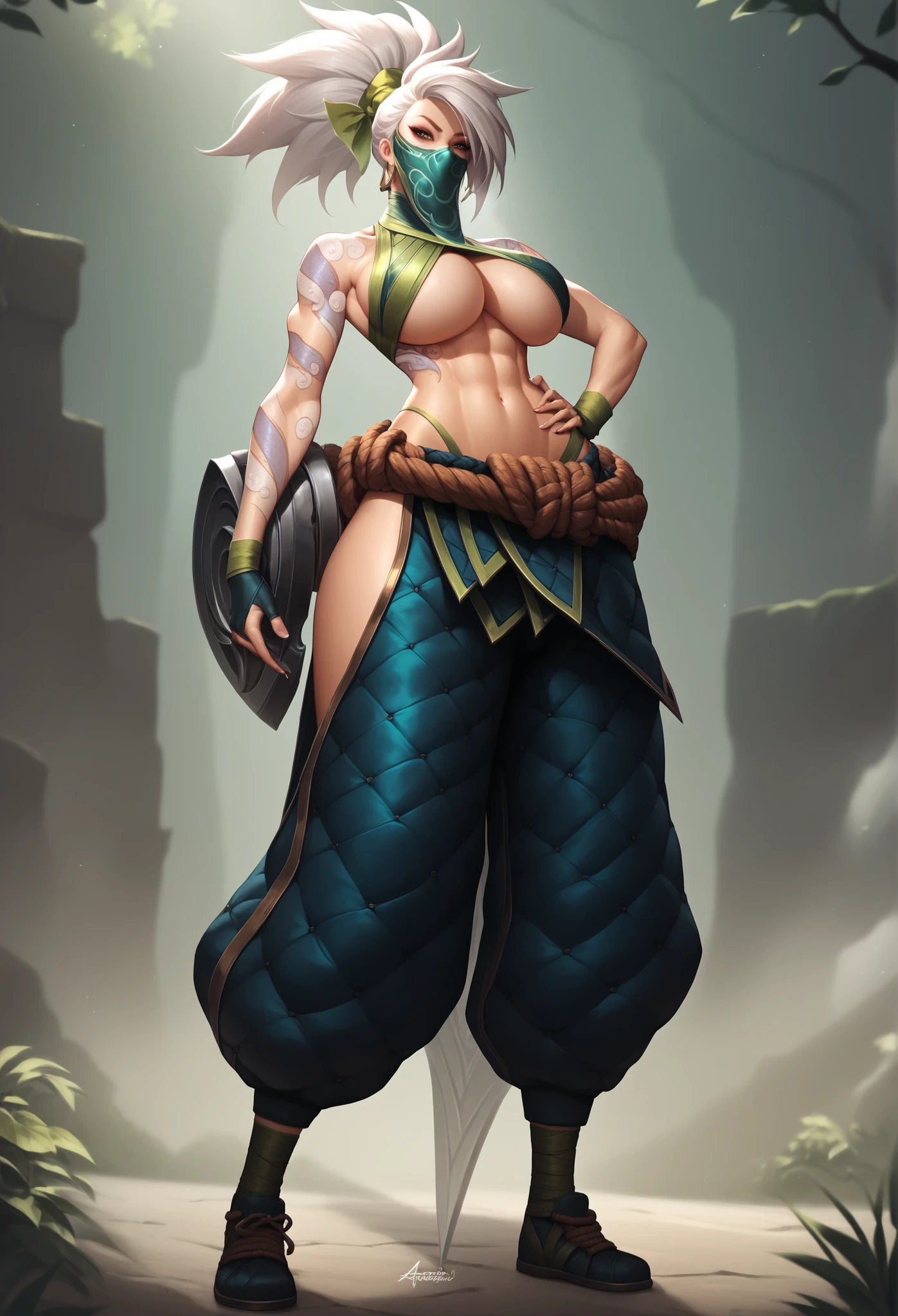 Akali League of Legends, athletic body, Her hair is long and black, always tied in a high ponytail, Without mask, brown-haired European woman, ULTRA REALISTIC, tattoo on my arm, beautiful face , stand, full body, front view, white hair, long white hair, tall woman,
voluptuous body, wide hips, big breast, hypertrophic breasts, thick thighs, huge breast, big woman