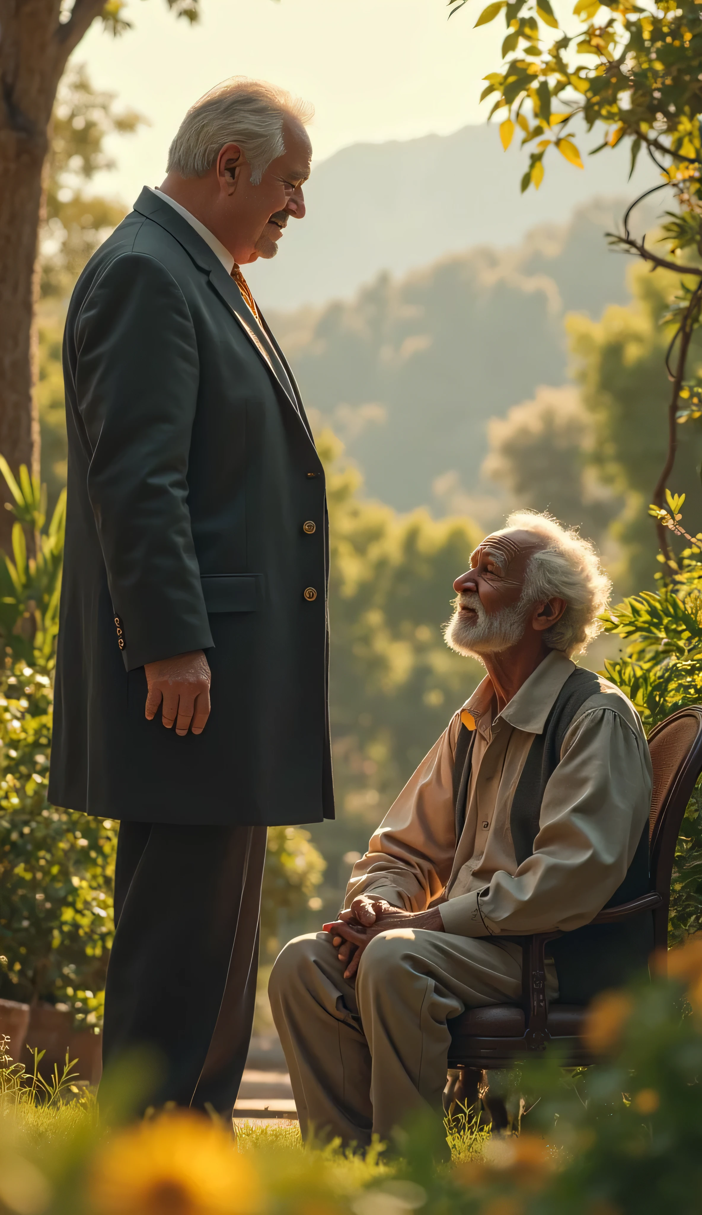 There are two men sitting on a bench talking to each other, Viajantes do tempo aparecem em um parque, filme fotorrealista ainda, Beeple e Alphonse Mucha, Beeple e Jean Giraud, medium shot of two characters, homem bonito, inspired by László Eloquent, ainda de um filme live action