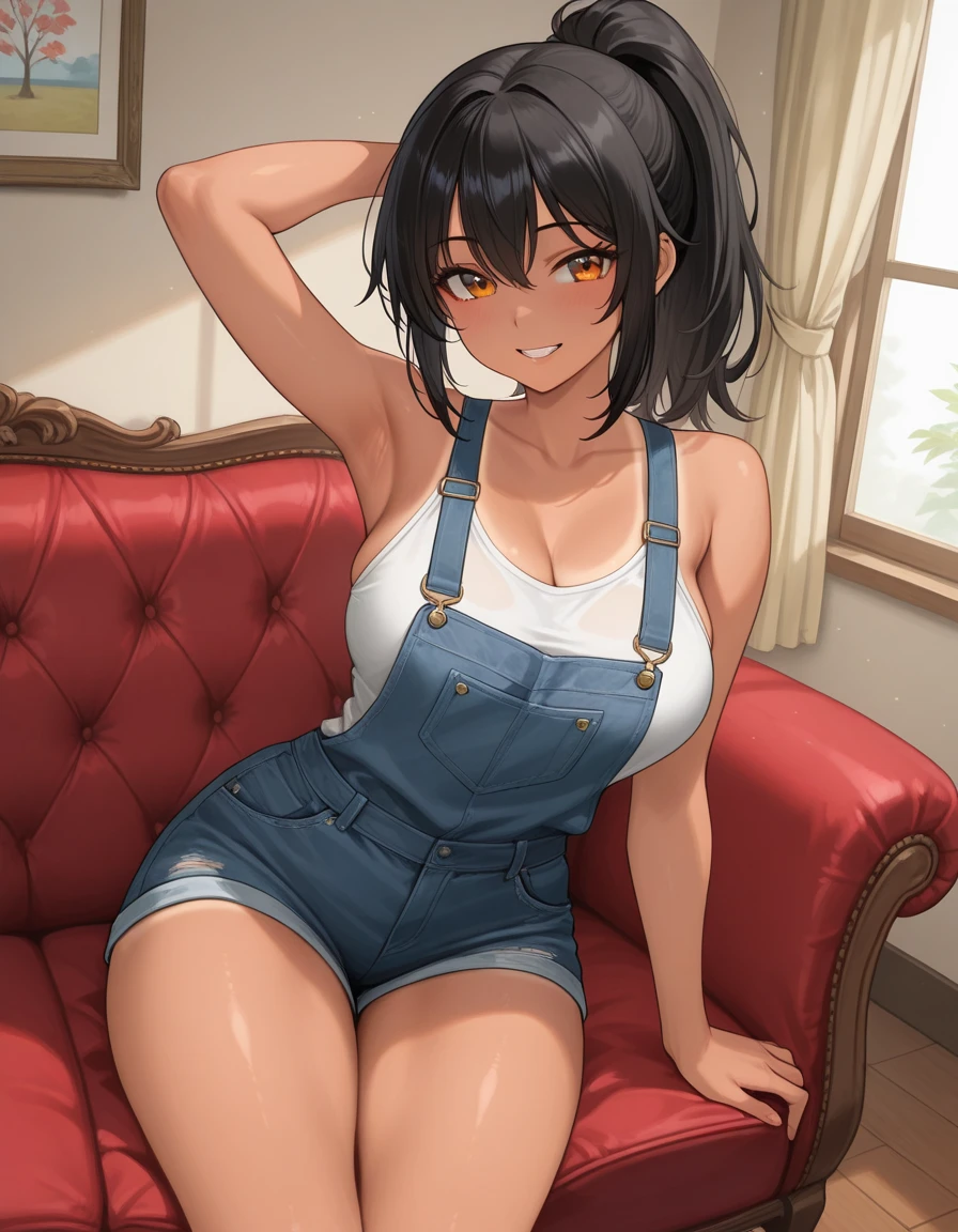 absurdres, High resolution, Super detailed, (mature woman1名:1.2), (dark brown skin:1.4), abs,huge_breasts、woman, Dynamism,forward leaning posture、intricate details,well-developed abs、(black hair)、she looks away, Loose-fitting clothing、Modern Room、Latest buildings、Pure white room、Blurred Background、Sagging breasts、An outfit that reveals the navel、Short Hair、Pure white clothes、Plump body、、No sleeve、Turtleneck Costume、Overalls、Fishnet tights、Jacket、Pure white outfit、slouch、bowing、Hands on knees、Fantasy、bra、レースのbra、Leaning forward、Looking up、Sagging breasts、Overalls
