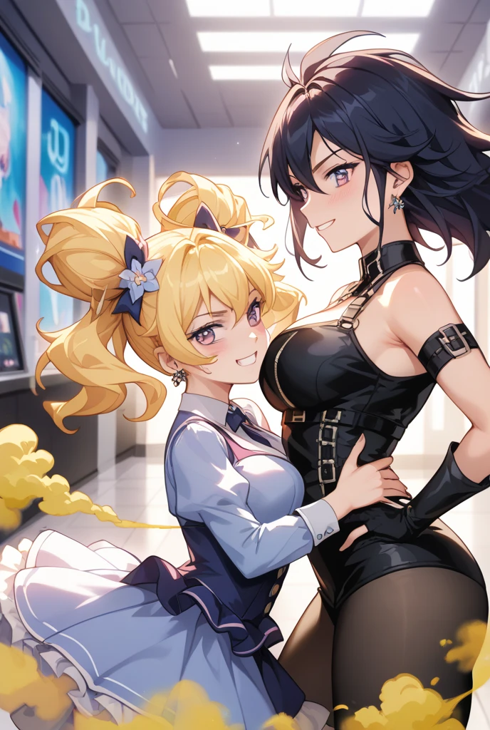 (cute eyes:1.2), (sparkling eyes:1.2), (8K、Best image quality、highest quality、masterpiece)、Detailed face、(3 girls)、Improve、((Brown Skin:1.3))、blonde、Low Ponytail、Scrunchie、Yellow Eyes、Earrings、Wicked Smile、((Grin)), (skinny body:1.3), (huge breasts:1.3), (succubus:1.4), (symmetrical docking:1.3), Classroom Background, (black stockings:1.2), (Thighs:1.2), (Waistline),(from above:1.2)