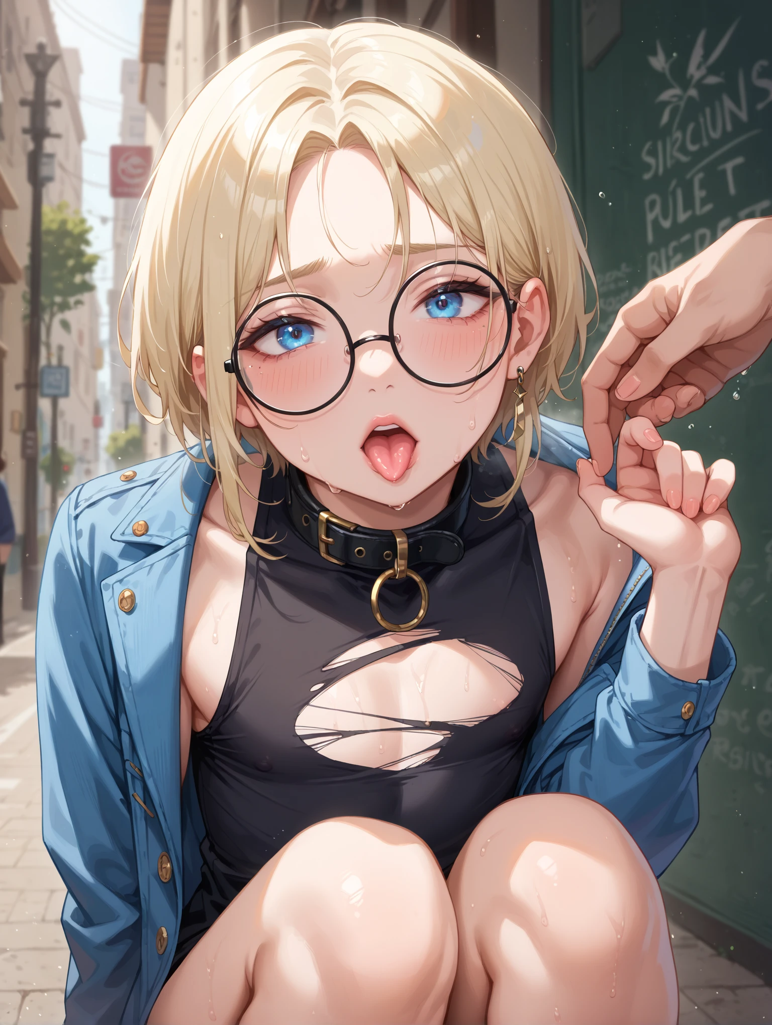 (8k, masterpiece, highest quality, super detailed, professional lighting),1 girl,(beautiful girl) ,(???????:1.3) ,(Last:1.2),(Vulgarity:1.3),(so stupid:1.1),(vapor:1.1),(Wet:0.8),(trembling:0.8),(tears:0.7) ,(drooling:0.6),(Sweat:0.8),big breasts,(blonde and blue striped hair:1.5), highlight hair ,Glasses,we say,(spoken heart:1.3), people, crowd,NSFW,(black long gloves ,black long boots,nude:1.3),night,pussy juice,bar,look into the navel,(男の子1people,penis,Blowjob,cum out:1.3)