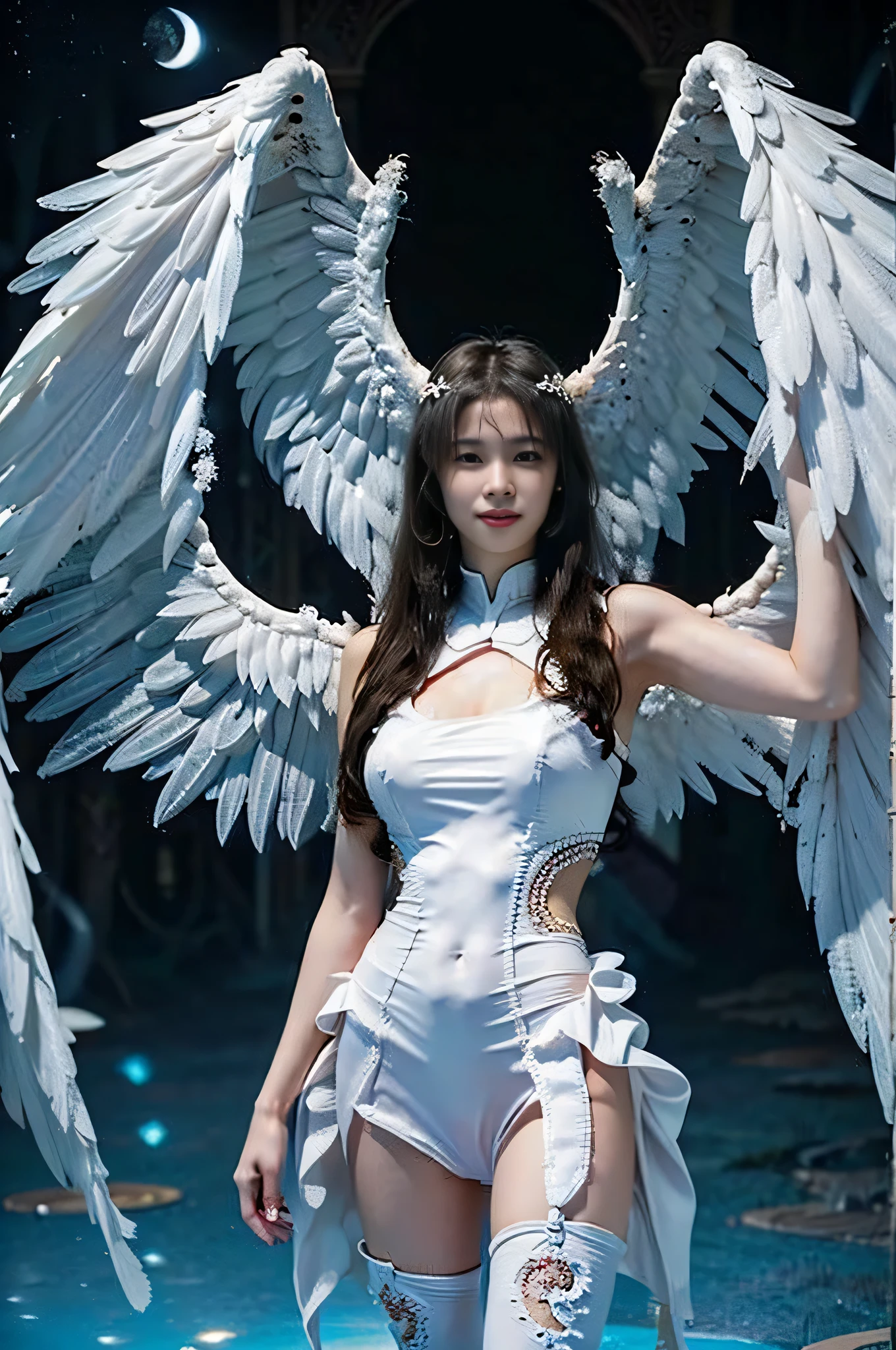 Cyborg, Girl, Beautiful girl, Cute, Sexy, Strong, Slender, Delicate, Smile, (ta costume), High legs, Metallic, ultra color, paisley, mandalas, Near future, Heaven, angel, feater, wing, Helix lamp, (The wings are symmetrically paired;1.5),