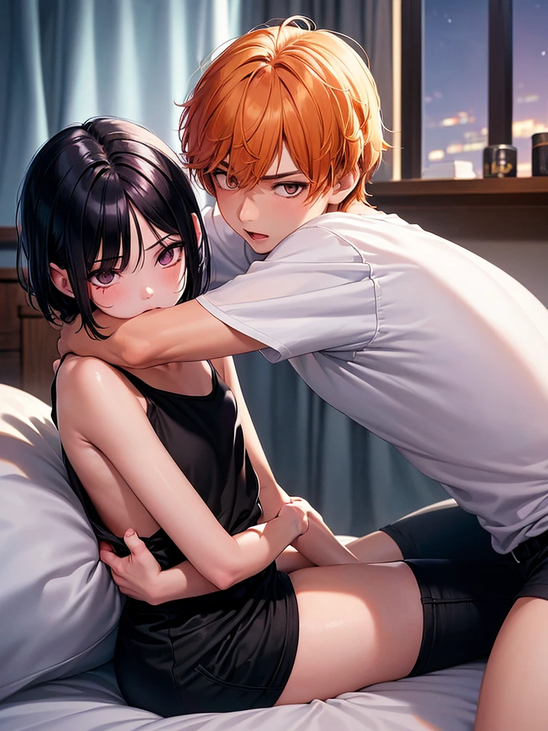 man, orange hair, Beautiful face, Blue eyes, beautiful body, naked, naked, and a naked girl who is sitting on her knees, with very short dark brown hair, Haircut for a boy, black eyes, sexually, naked, excitation, anime art, masterpiece, realistically, professional quality, super detail