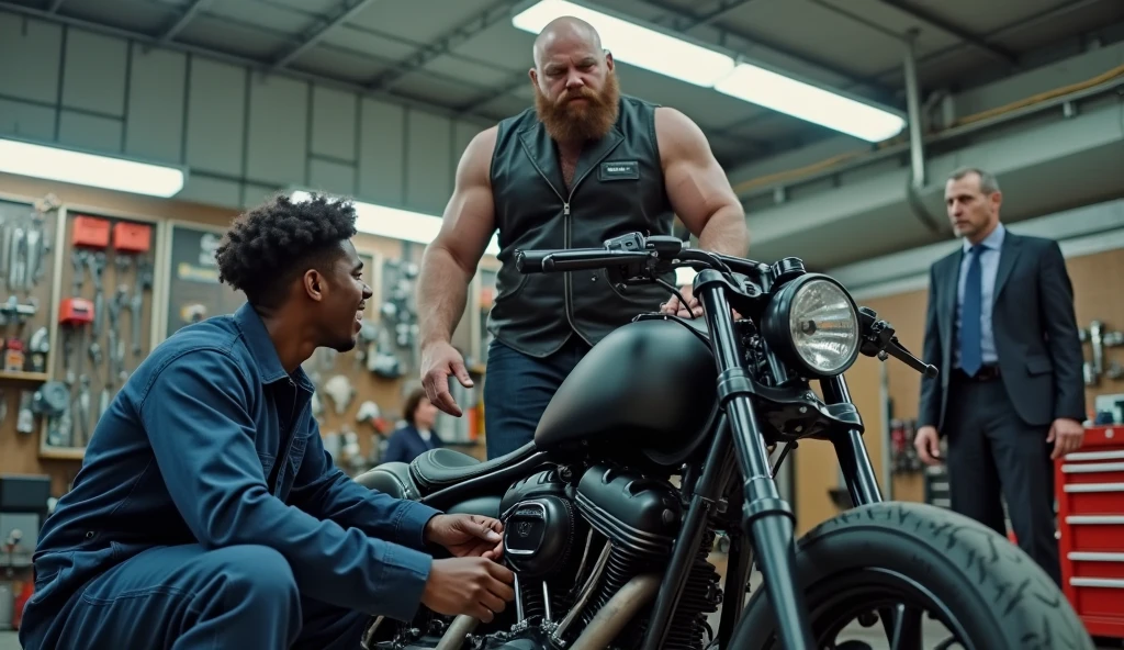 create a cover for an adult porn movie with a white background where a blond man with short hair, curly and chubby is on top of a titan 125 motorcycle with a naughty face. the bike is very old and used, and a strong, muscular black man standing with just a towel around his waist with the word process written on it