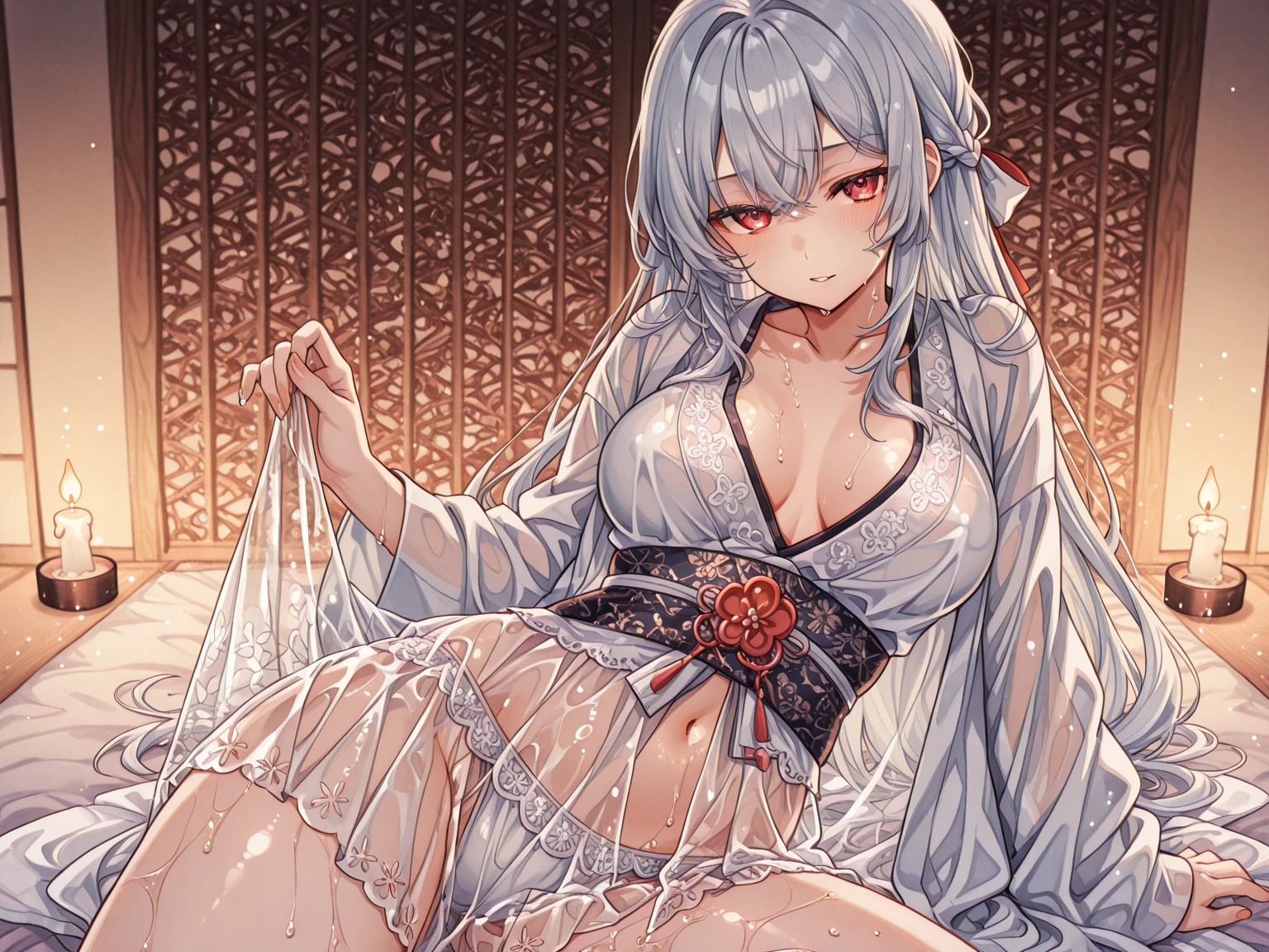 (Surreal girl:1.2), ((18-year-old girl)), ((AI fantasy room,On the big bed,soft mattresront close-up,) Long powder blue gradient hair,shawl long hair,Gray-blue eyes,Eyes as bright as jewels,Gentle smile,Upper body depiction,Delicate depiction of facial features,Whole body reflection, solo person, Taut Underwear, squishing,Sweating profusely all over,hair wet,Get wet all over your body,All sweating, Holy,stepped,close-up face,Natural soft light,Full Body Sweat, Transparent liquid dripping from,Holy,(The kinky is exposed),, C cups,Sweating all over, ((AI fantasy room,on top of the bed,Front close-up,on the floor on all fours,)), cute underwear,squishing,hyper realisitc, 电影灯光, (rendering), Ray traching,pyjamas,tightly dress,Starry sky print,cross reins,halter neck,cropped shoulders,Sleeves on the wrists,leg loopacing the viewer,wavy and long hair,Long hair shawl,hair adornments,Gemstone eyes,Eyes as bright as jewels,Highest image quality,4K,illustrious, Grecian robe(Thin clothing)Sweating all over,hair wet,Get wet all over your body,Full Body Sweat, Holy,Desire for dissatisfaction,close-up face,Natural soft light,Full Body Sweat, Transparent liquid dripping from,Holy