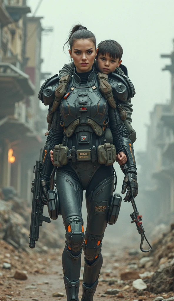 (SeaArtInfinity), beautiful Caucasian woman, sitting on rock, wearing futuristic Mjolnir powered assault armor MK6, long bun hair, holding a assault rifle , child carrying hand  realistic, destroyed buildings with a tank in background,  