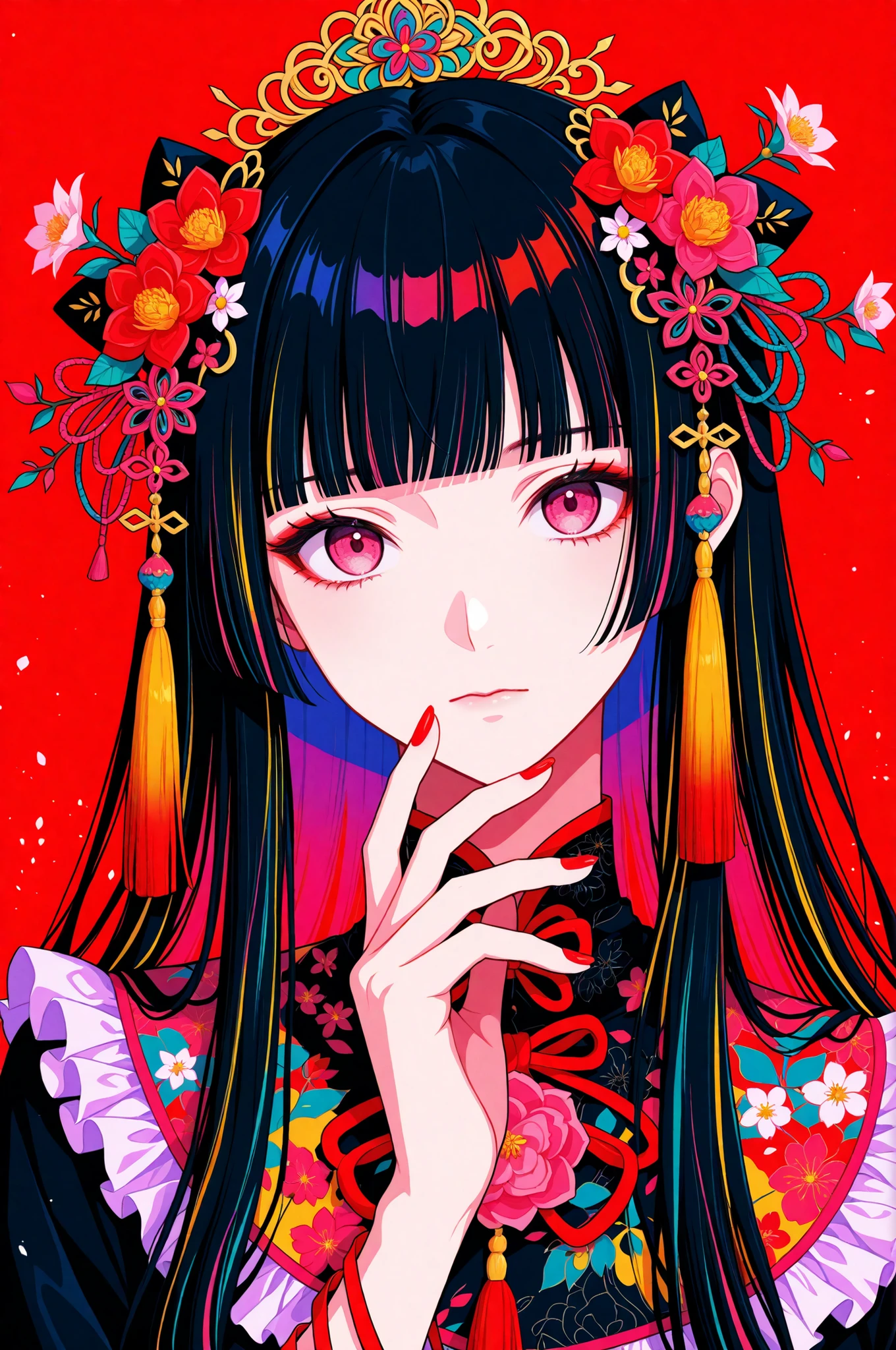 woman, solo, red nails, looking at viewer, bangs, pink eyes, long hair, black hair, hair ornament, hand up, flower, blunt bangs, closed mouth, tassel, ribbon, portrait, colorful, red background, frills, multicolored hair, upper body,