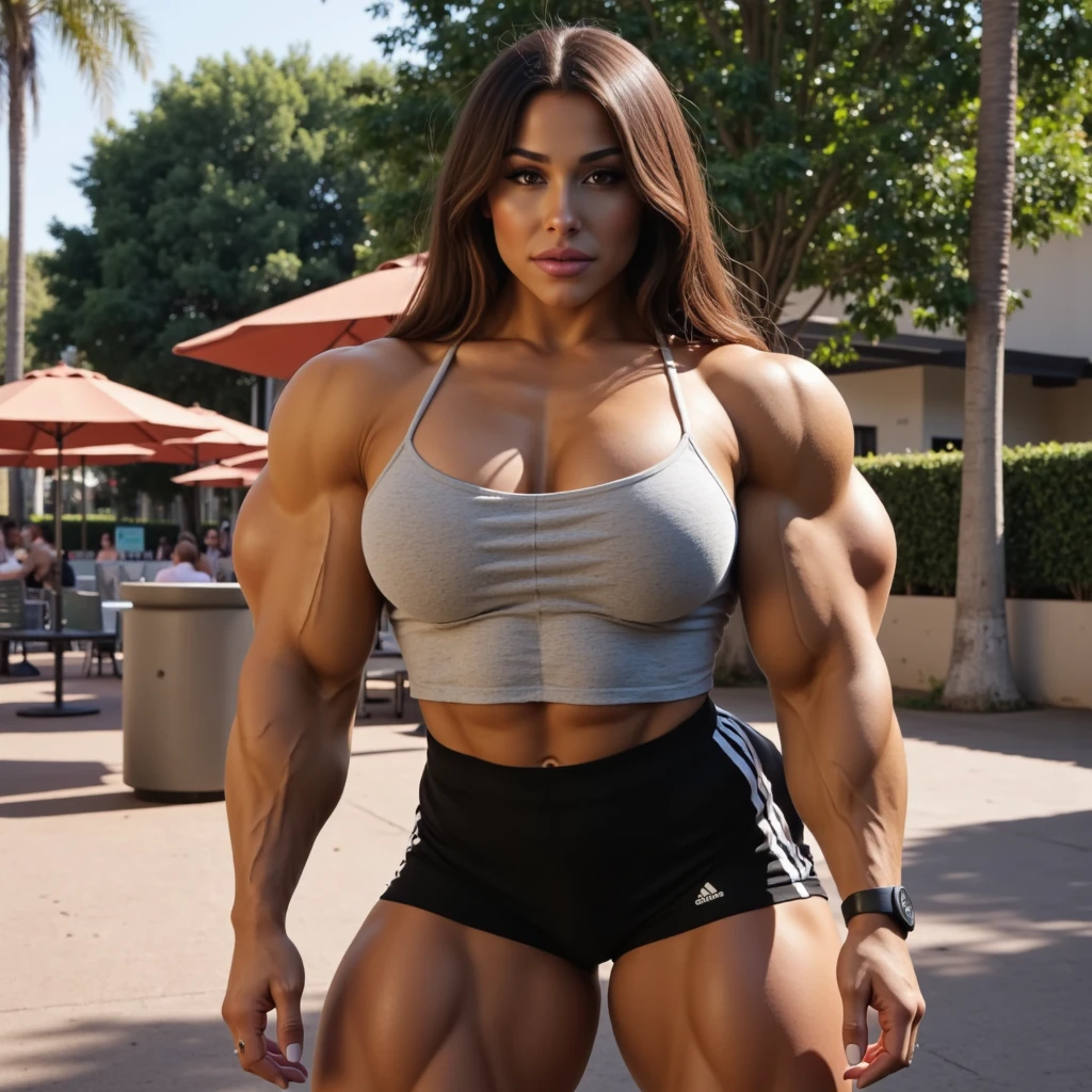 Hyper-realistic, gorgeous dominant Latina woman, most ethereally gorgeous and hot girl in the world, dominant seductive smirking expression, lush sexy lips, sultry half lidded eyes, smooth taut very dark suntan skin, lean shapely bulging taut muscles, sexy dense muscular thighs, giant muscles burgeoning out of shirt, wearing very tight long sleeve sweater, tight shorts, flowing brown hair, perfect female bodybuilder physique, exaggerated incredibly solid massive muscular figure, dominating demeanor, private love room, dominating atmosphere,8K,HDR, depth of field.