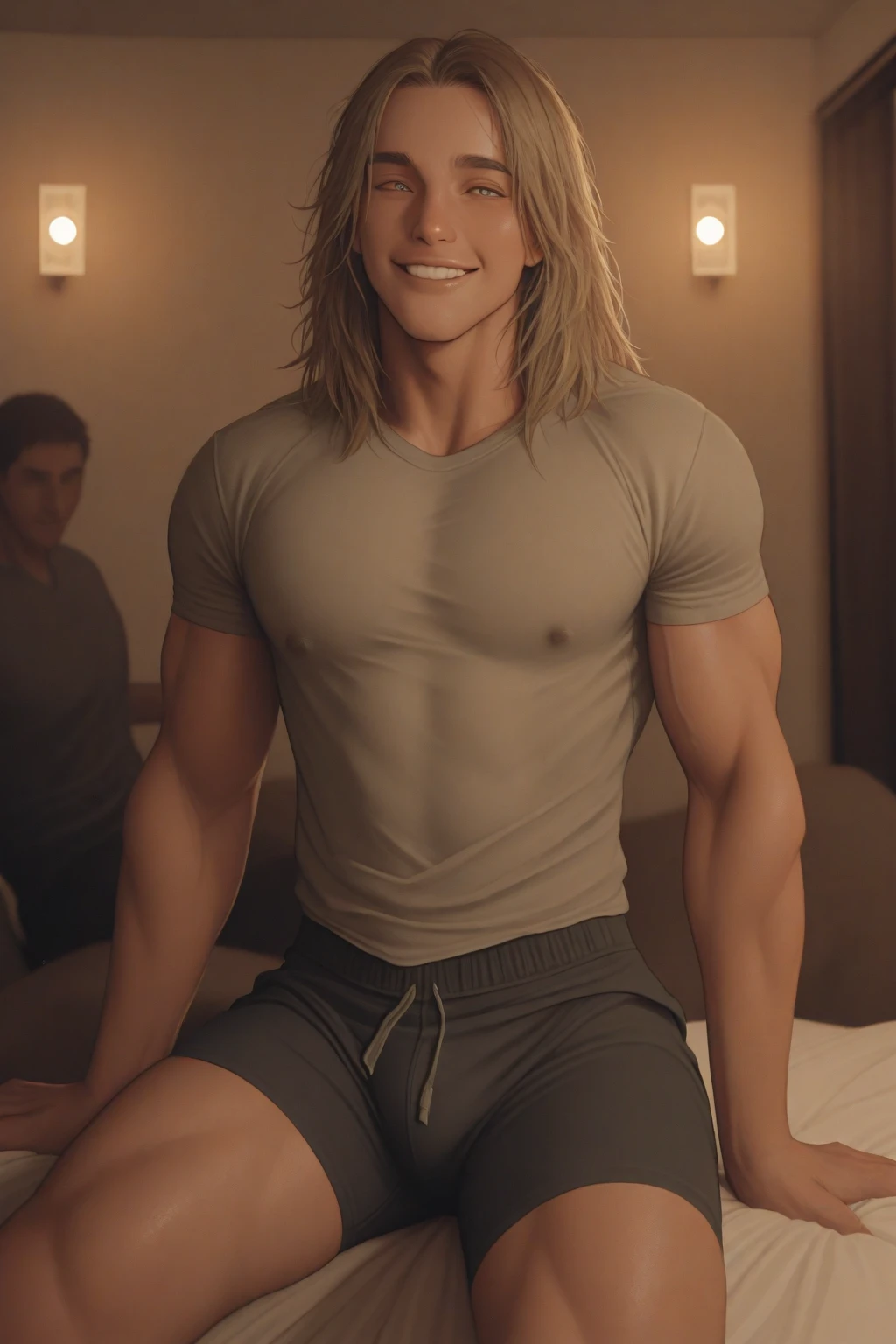 masterpiece, 8k, best quality, full body photo) a man, tall, long white hair, white skin, purple eyes, shirtless, arms behind his head, naughty face, trained body, Black pants