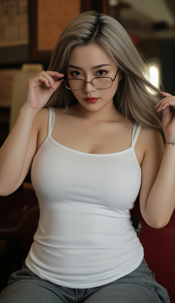 ((Best quality, masterpiece, detailed)), (RAW, 4k, hd images), shy, 1 girl, 18 years old, white skin, long hair, ponytail, layers hair, bangs, black hair, beautiful girl, cute girl, sweet girl, pretty girl, perfect girl, perfect eyes, pretty eyes, blue eyes, thin lips, thin, (eye line, lip stick soft), perfect , glasses(detailed frame), indoors, smile, thigh, white sport tank top, blue short pants, standing, full body