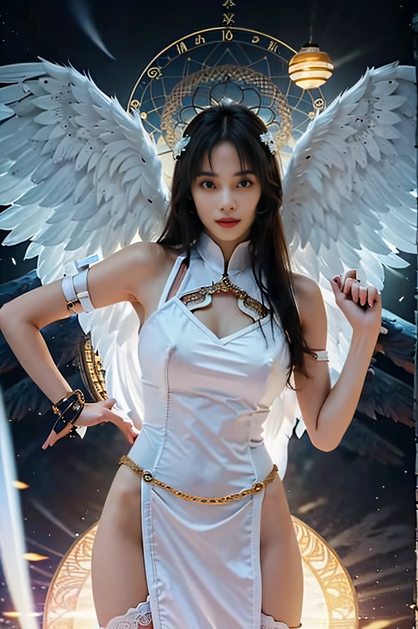 (masterpiece), (highest quality:1.4), disorganized, [:intricate details:0.2], Angel, Angel wings, milky way, null, sparkling aura, Intense concentration, crackling energy, mysterious symbol, sparkling moat,