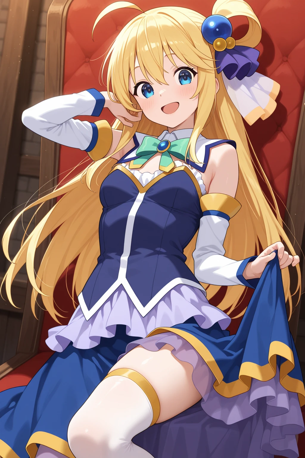 (extremely detailed:1.1),(highly detailed:1.1),(best quality:1.1),(masterpiece:1.1),  HistoireNeptunia, long hair, blue eyes, blonde hair, hair ornament, wings, fairy wings, bare shoulders, twintails,  white thighhighs, hat, wedding dress, large breasts, nipples