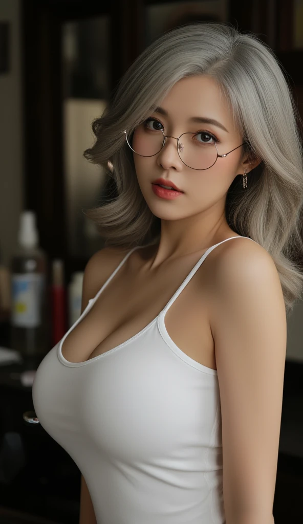 Top image quality、Raw photography、超A high resolution、18-year-old Korean、Glasses beauty、Colossal tits:1.3、cleavage of the breast、White revealing formal shirt、Tight shirt、Formal skirt、fair white skin、shiny white skin、(short bobbed hair)、bright silver hair、bright white hair、Beautiful eyes with random colors、very thin lips、beautiful eyes finely detailed、elongated eyes、pale pink blush、long eyeslashes、Beautiful double eyelids、eyeshadows、a necklace、耳Nipple Ring、Company Office、Company Desk、Fashionable glasses、Lighting that emphasizes beautiful skin