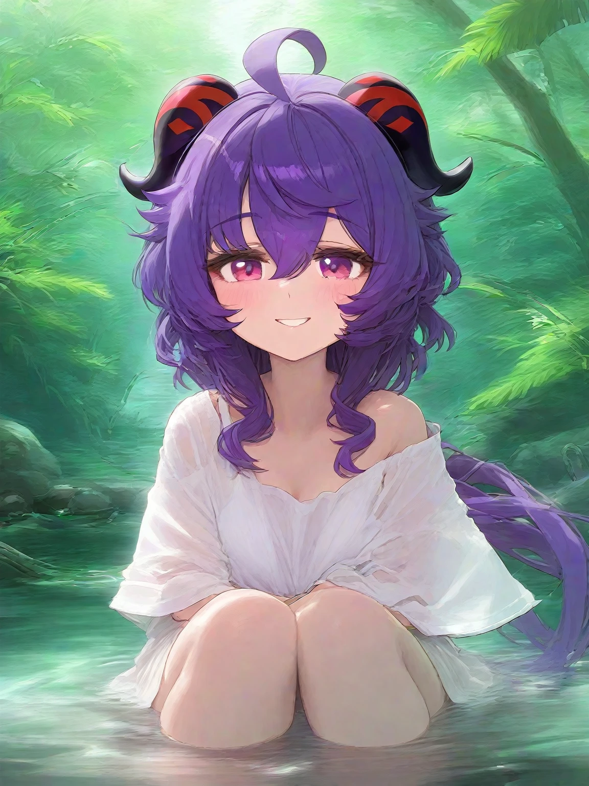 A female demon with black demon horn, ((demon horn)), cabelo cor-de-rosa extremamente longo, ((Cabelo cor-de-rosa)), White eyes of the demon, ((olhos brancos)), Bikini transparente molhado, on the beach lying in the water with wet clothes and hair as she looks at the onlookers with a mischievous and wicked smile, Moda realista, sysie high definition details, fotografia, perspicacity, unique 850 4, Koda850 k portrait camera, Primavera F1.6, cores ricas, Textura super realista, textura de luz espetacular, arte surreal, Cinestil 800 mecanismo de moda