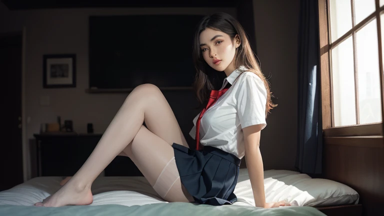 8K, Best Quality, Masterpiece: 1.2) , Super Detail, 1 Girl, Cute, Indie, Beautiful Details Sky, Evening, Sit-down, Dating, (Nose Red) , Sweet Smile, (Smile: 1.15) , (Shut Up) Medium breasts, Small beautiful detail eyes, Turkish, (collar shirt: 1.1) , Exposure uniform temptation, Night, Sexy uniform temptation, Rain, long hair, Brunette hair, Flowing hair, Sexy pose, Chestless without lingerie, open chest