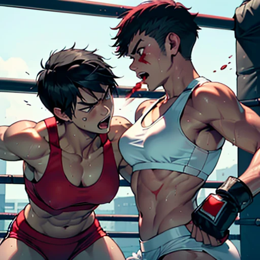punch, punch, punch. many bloody beautiful Japanese female fighters are fighting in the octagon. life or death struggle. survival battle. dynamic exciting action in the octagon fighting ring. whole body picture. they are beating each other so hard. their punches to each other's faces. they are covered in scars and bruises. they are damaged terribry. Short-cut black hair, out of breath, drooling from mouth, one eye closed, exhausted, drenched in sweat. Erect nipples. open finger glove. Ragged white and pink sports bra, high leg panty, Stockings. armwarmers. Whittled waistline,