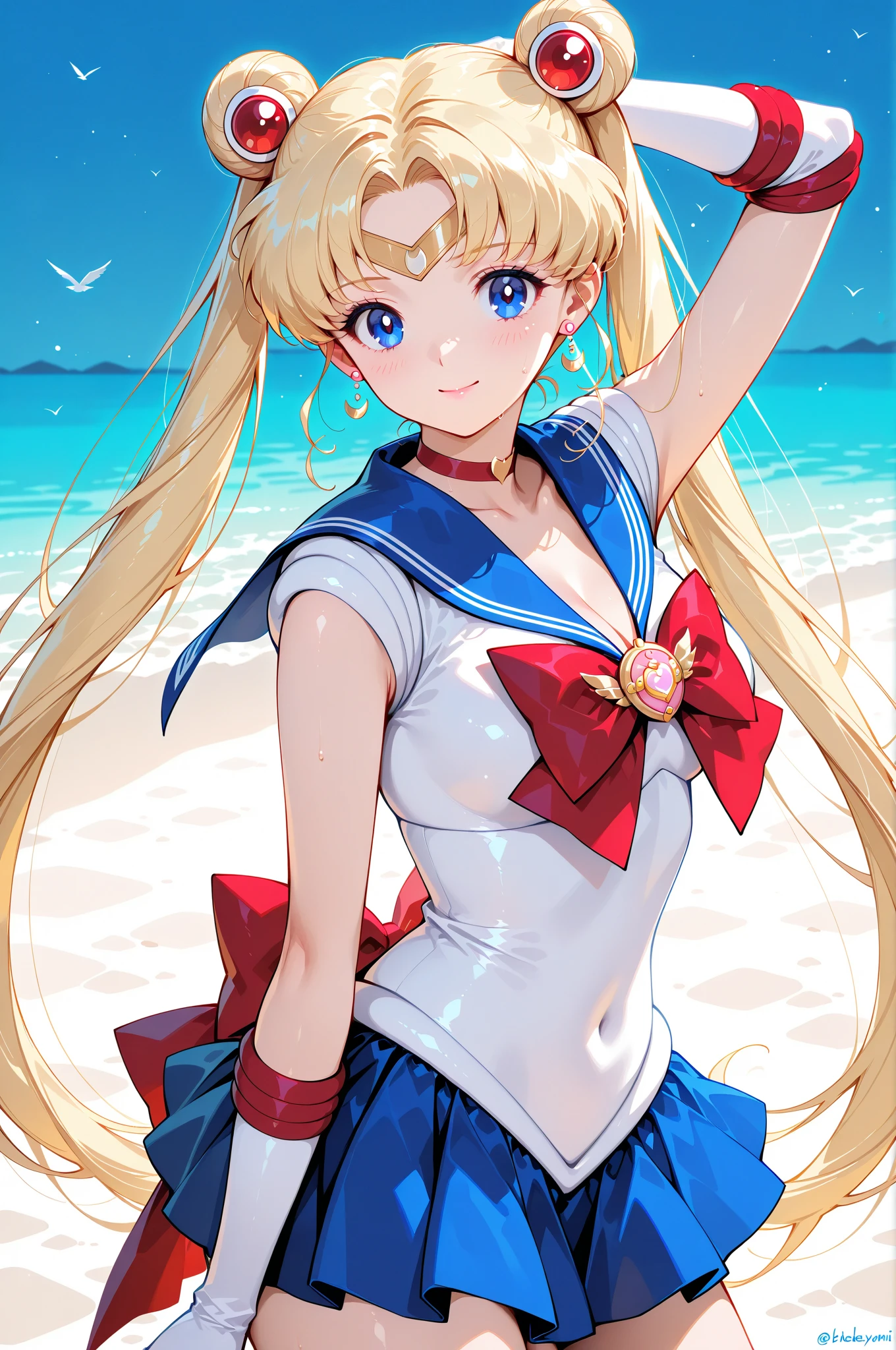 masterpiece, high definition, best quality, rendered art, well formed hands, fingers and body, 1 woman, solo, sailor moon , adult, grown up, twin tails, blonde, large and round breasted, cleavage, full body, , sexy sailor senshi uniform, short blue skirt, red boots, gorgeous hips, legs and thighs, blond, white elbow gloves, sailor collar, tiara, earrings, lifted skirt dancing seductively and erotically, turning backwards and forwards, showing her back and front, shaking her body, smiling joyfully, looking at the viewer, flirting, beach environment