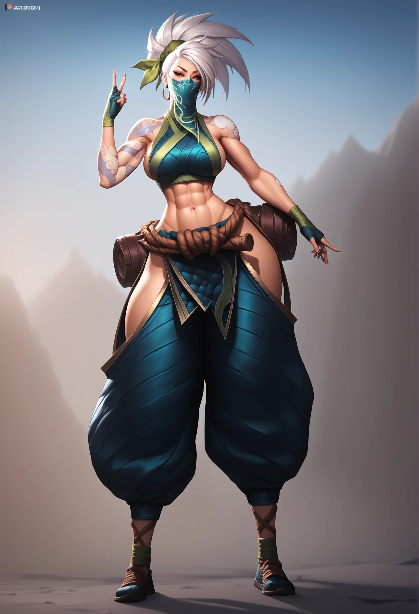 Akali League of Legends,  athletic body, Her hair is long and black, always tied in a high ponytail, Without mask, brown-haired European woman, ULTRA REALISTIC, tattoo on my arm, beautiful face , stand, full body, front view, white hair, long white hair, tall woman,  
voluptuous body, wide hips, big breast, hypertrophic breasts, thick thighs, huge breast, big woman, big breast