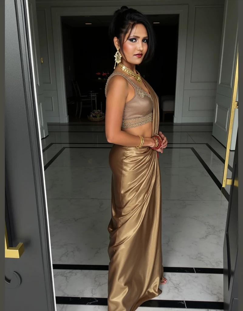Create an ultra-realistic image of a modern, attractive female influencer of Indian descent, aged between 27 to 30. She should have a warm and inviting smile, expressive almond-shaped eyes with a slight shimmer, and clear, glowing skin with a medium brown complexion. Her features should be well-defined, with high cheekbones and a sharp jawline. Her hair should be long, thick, and styled in a braided crown that wraps around her head like a halo, with a rich burgundy color that’s bold yet sophisticated. She should have a slender yet athletic build with a medium bust size (34-36 inches), reflecting a healthy and active lifestyle.
She is wearing a designer saree or a contemporary lehenga with luxurious accessories, highlighting her toned figure. Her outfit is completed with stylish black heeled sandals that add elegance to her look. She accessorizes with subtle yet chic jewelry, such as small hoop earrings and a few thin bangles.
The background should be a high-end hotel setting, featuring luxurious and relaxing elements like elegant lobbies and suites, suggesting a cosmopolitan lifestyle. Her overall appearance should exude confidence, approachability, and sophistication, capturing the essence of a contemporary Indian fashion influencer.