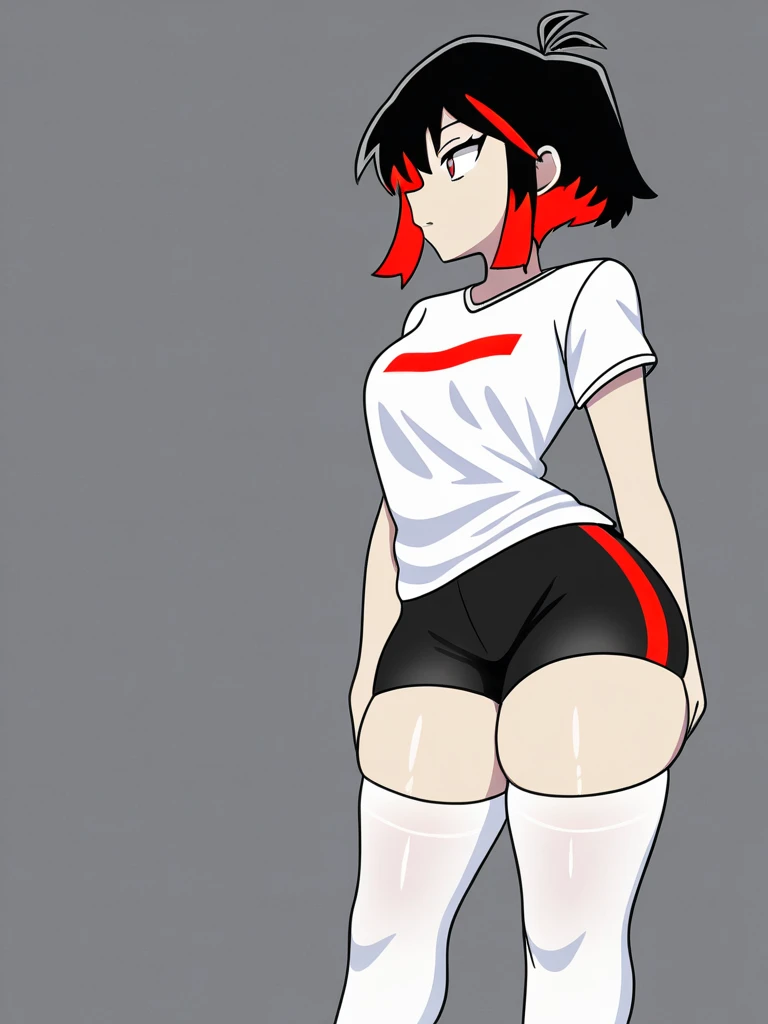 ((anime boy)), ((crossdresser)), (((1boy)))), (((solo))), ((((alone)))) short black hair, black eyes, ((((brown skin)))), wide hips, narrow waist, thick thighs, big fat juicy ass, blushing, ((flat chest)), short booty shorts, visible bulge, shirt, (((skin short booty shorts white shirt))), in a seductive pose