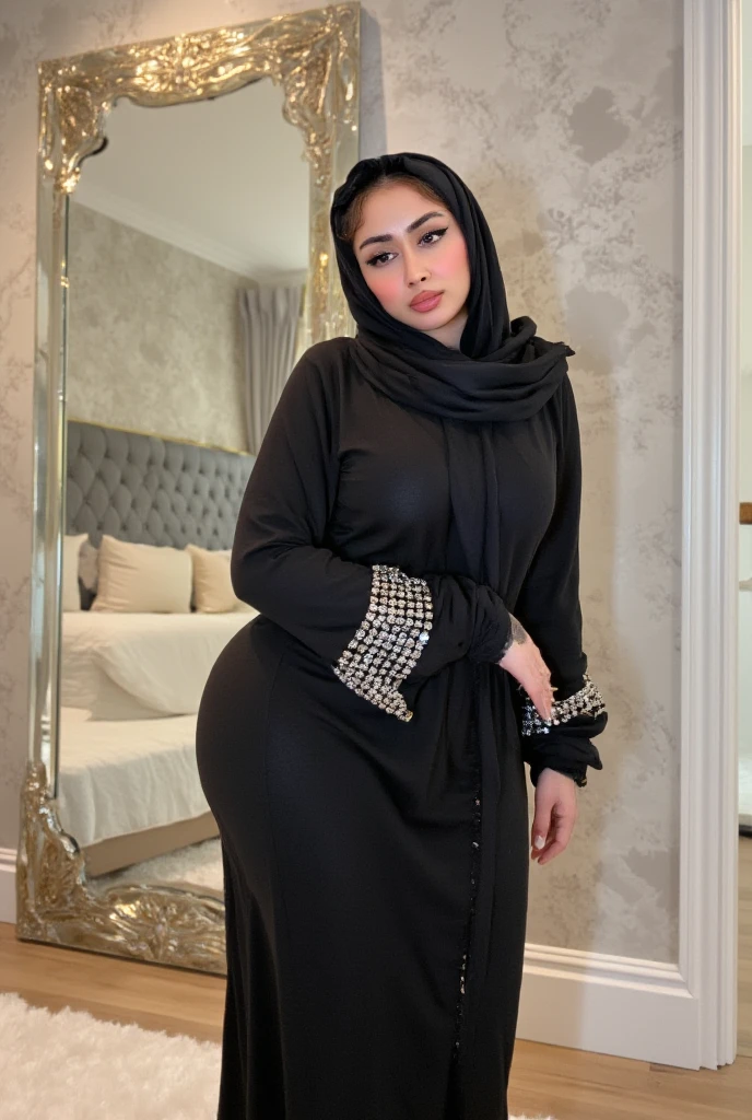 8K, high quality, nice lighting, soft lighting, realistic, dark eyes, sexy, big breasts, thighs, wide hips, arabic dress, black dress, Jewelry, sexy lady, asian, hijab, niqab, sexy pose, showing big thighs, nice body, natural largest breast, wearing rings for woman, office girl, sexy posing,