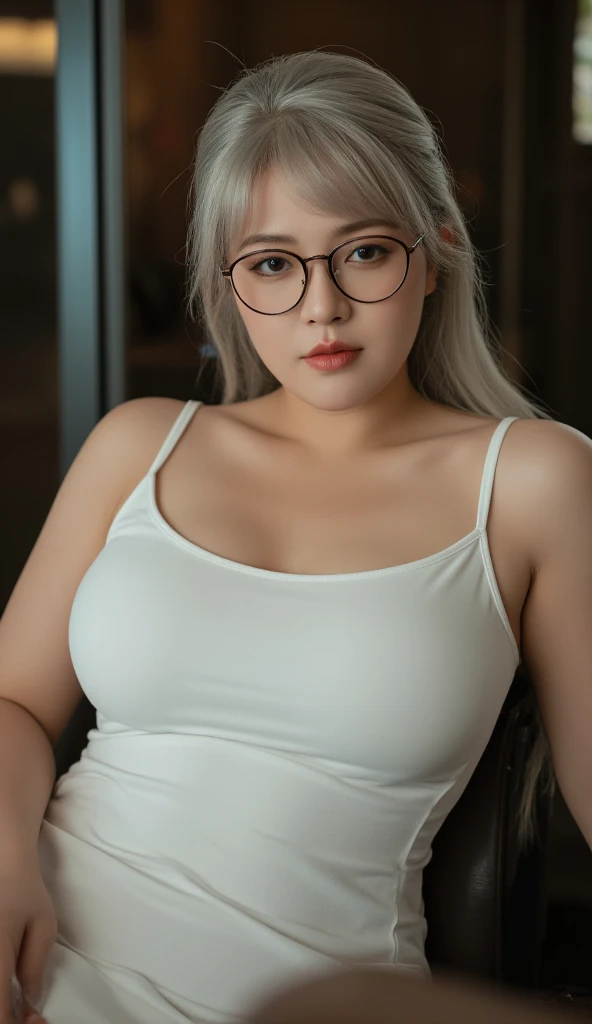 (RAW photo, Realism: 1.8),（full bodyesbian， Mature woman，tmasterpiece，best qualtiy，ultra - detailed，illustratio，Fine and detailed eyes and detailed face）garments：Flesh-colored oily pantyhose，Wet skinny white shirt，Vera， allure：Long neat blonde hair，Natural makeup，（Purple eye：1.05），White glasses，Wide buttock，gigantic cleavage breasts，Cleavage is seductive，熟妇，at_The_vd_Office，looking at viewert，curvy build，Raised sexy，full bodyesbian，Madam CEO，（a matural female，A MILF：1.1），独奏，（curves：1.1），huge tit，big assa，thick thight，熟妇， Pool background，Sit with your back，drenched all over the body，sweat leggs