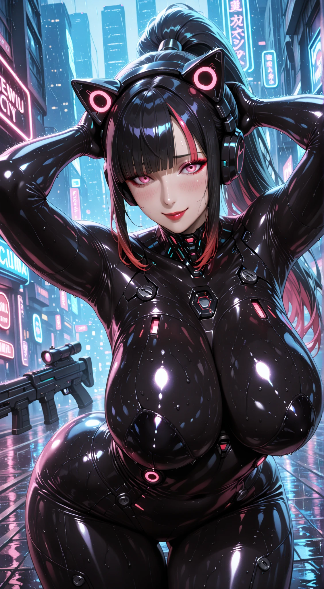 nsfw:1.5,Anime cyborg girl sitting in a pilot seat wearing a virtual reality headset covering her eyes on her face with machinery and tubes and wires going inside her head and brain, (Highest quality,High resolution:1.2), Very detailed, (Realistic:1.3), cyber punk, Futuristic, Portraiture, Shiny, skimpy latex outfit, cyber implants, virtual reality, (Drooling face:1.5), A cable plugged into the brain, Shirt collar, bow tie, Formal attire, Laughing with your mouth open:1.2, In-person audience, The girl is vibrating, glowing virtual reality headset, Relaxed facial expression, blush, Cyber Future Formal Wear, cyber punk, Futuristic, Brain drain, cyber implants, virtual reality, Drooling face, virtual reality headset covering eyes, , Large collar, High collar, Laughing with your mouth open, joyd face expression, Skin-tight clothing, big Shirt collar, big bow tie, The biggest breasts in the world, Light-emitting cables connected to the brain, head antenna, Oversized headphones, The breasts are vibrating, Open mouth and drooling, Expressionless, Red face, cyborg, Android, Mechanical creatures, Machine fuselage, Futuristic cyber punk cyborg body, slim Futuristic Android, Lights shining on the girl's body, Power Cell, The head emits a pink light., formal Shirt collar, big formal bow tie, , Shiny nipples, big Shirt collar, High collar, white collar, Electric shock, Electric shock死する女の子, electricity, electricity sparks, Pink Hair, short hair, neon Pink Hair, Physical transformation, orgasm, joy, (VR headset covering your eyes), Vibrating Chest, Vibrating Girl, Severe vibration, Shiny nipples, Light bulb nipple, Girl wearing a large VR headset, Glowing Eyes, Hollow Eyes, Concentrated expression, Buttoned up white dress shirt, Large collarのフォーマルシャツ、((Erect nipples:1.2))、Sitting in an iron chair、(whole body:1.5)