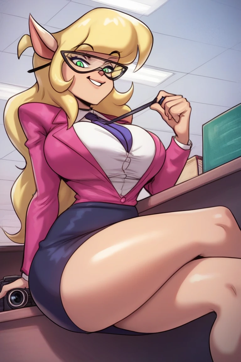 score_9, score_8_up, score_7_up, score_6_up, score_5_up, score_4_up, (Source furry), (rating safe), 1girl solo, outside, trees, clouds, looking at viewer, glasses, callie briggs, pink suit, detailed, detailed fur, (((skirt suit))), (((three-piece suit))), (((dress shirt))), (((necktie))), (((blazer))), (((suit jacket))), ((waistcoat)), double-breasted waistcoat, (((bodycon miniskirt))), pinup pose, pocket square, cufflinks, tie clip, squatting, high heels, blowjob, oral sex, deepthroat, fellatio, solo scene