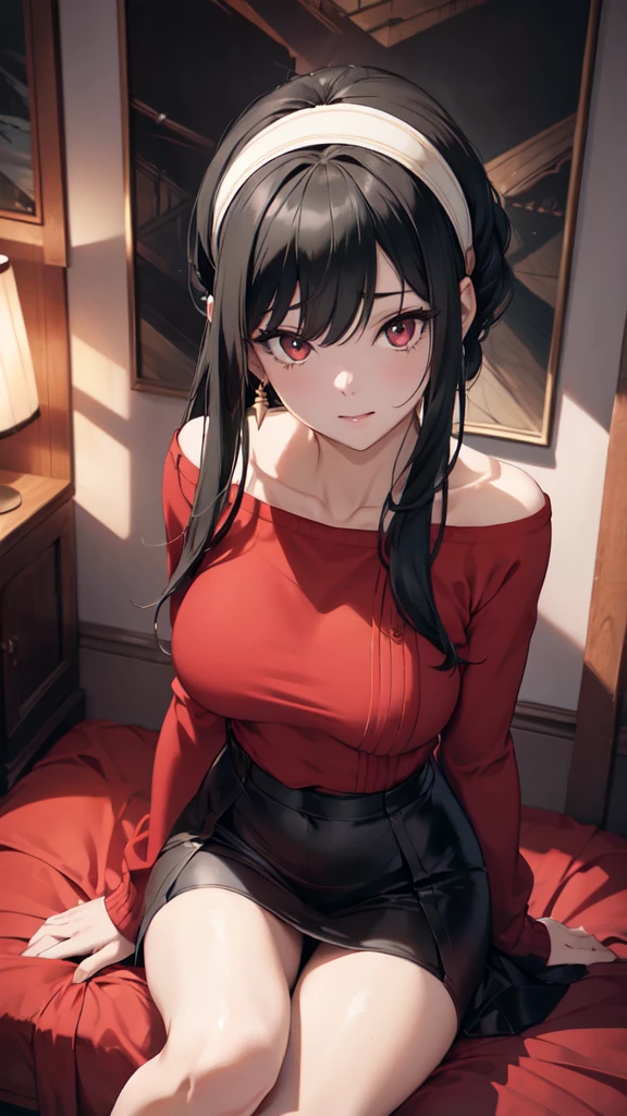 Masterpiece of a girl in all fours, showcasing the best quality of her toned body in a red sweater and black leggings. Her long black hair cascades down around her, and her piercing red eyes are filled with determination. The medium-sized breasts, accentuated by her position, are naturally depicted with intricate details, including a visible nipple. The scene is captured in ultra-high definition, with every fiber of her muscle and every strand of her hair in sharp focus. The image is rendered in a digital illustration style, with a photorealistic finish that brings out the textures and details of her body. The lighting is soft and warm, casting subtle shadows and highlight