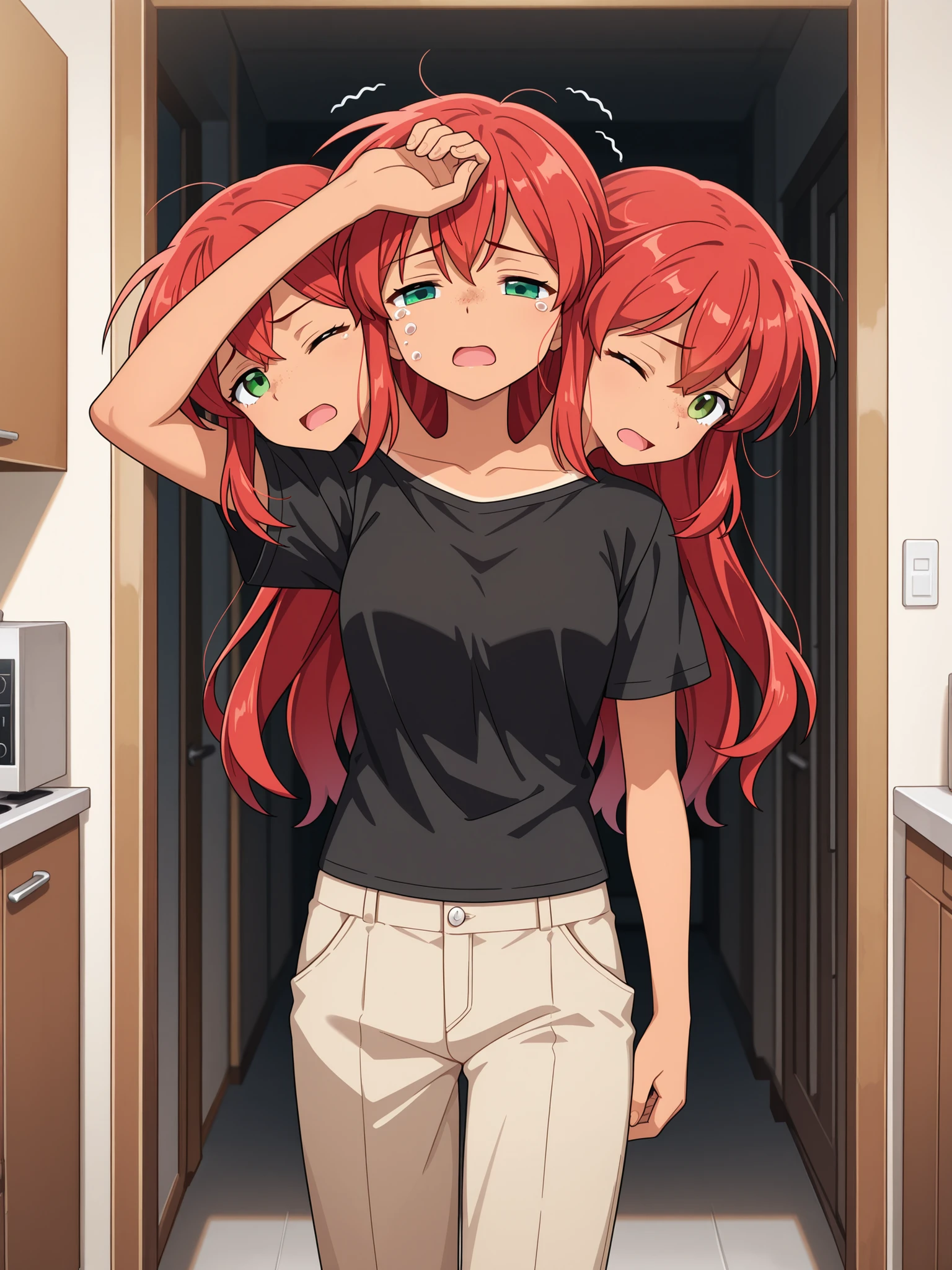 three heads, anime girl with three heads, weary, headache, hangover, in pain, dizzy, red hair, green eyes, one eye closed, open mouth, black t-shirt, tan pants, hand on forehead, apartment kitchen