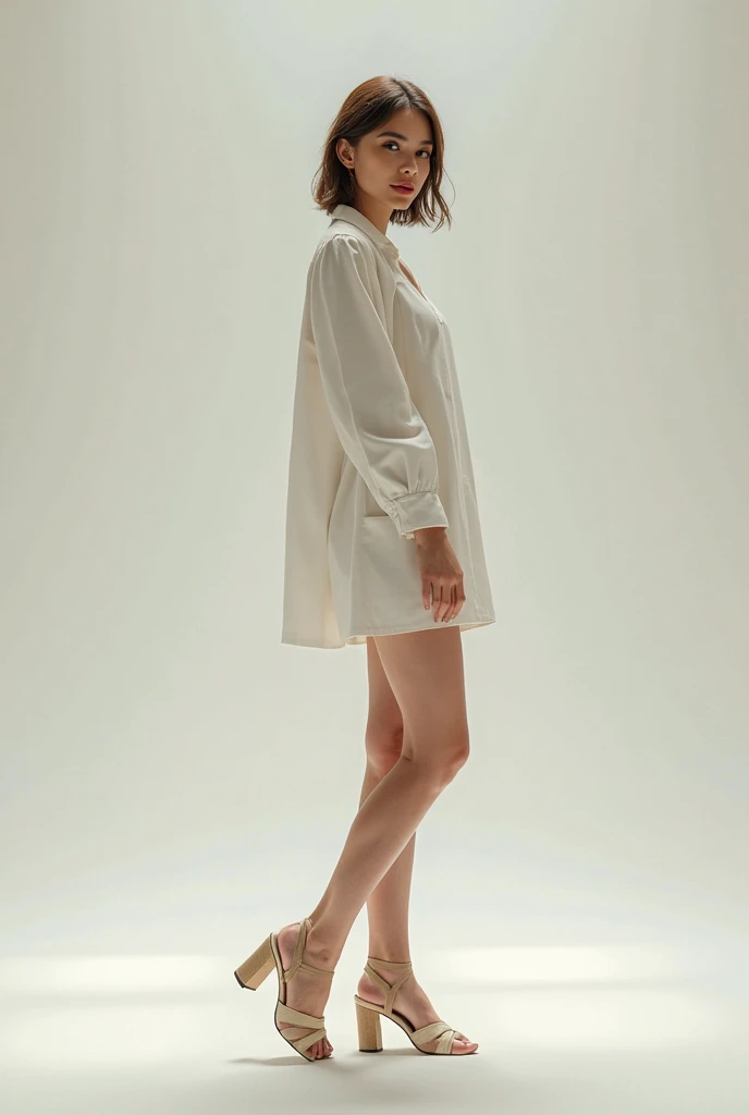 *A woman was wearing very short white dress with white chunky medium heels, a pearl necklace and earings*
