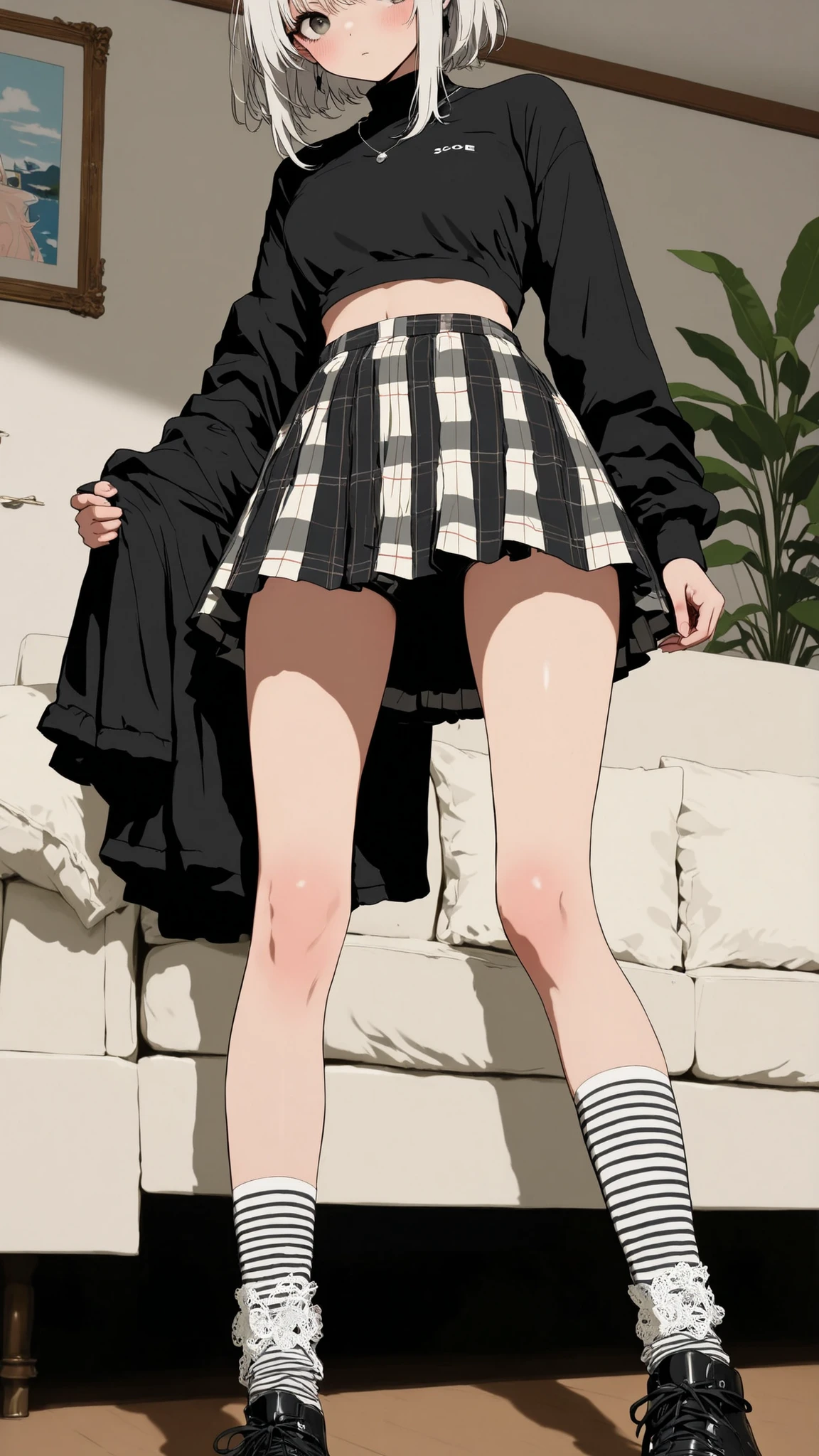 score_9, score_8_up , score_7_up , score_9,Score_9, Score_8_up , Score_7_up ,Create a Japanese-style private room picture, highlight the plaid skirt (lace), black and white striped socks, leg posture, combined with the sofa scene, to create a soft and delicate private room atmosphere.