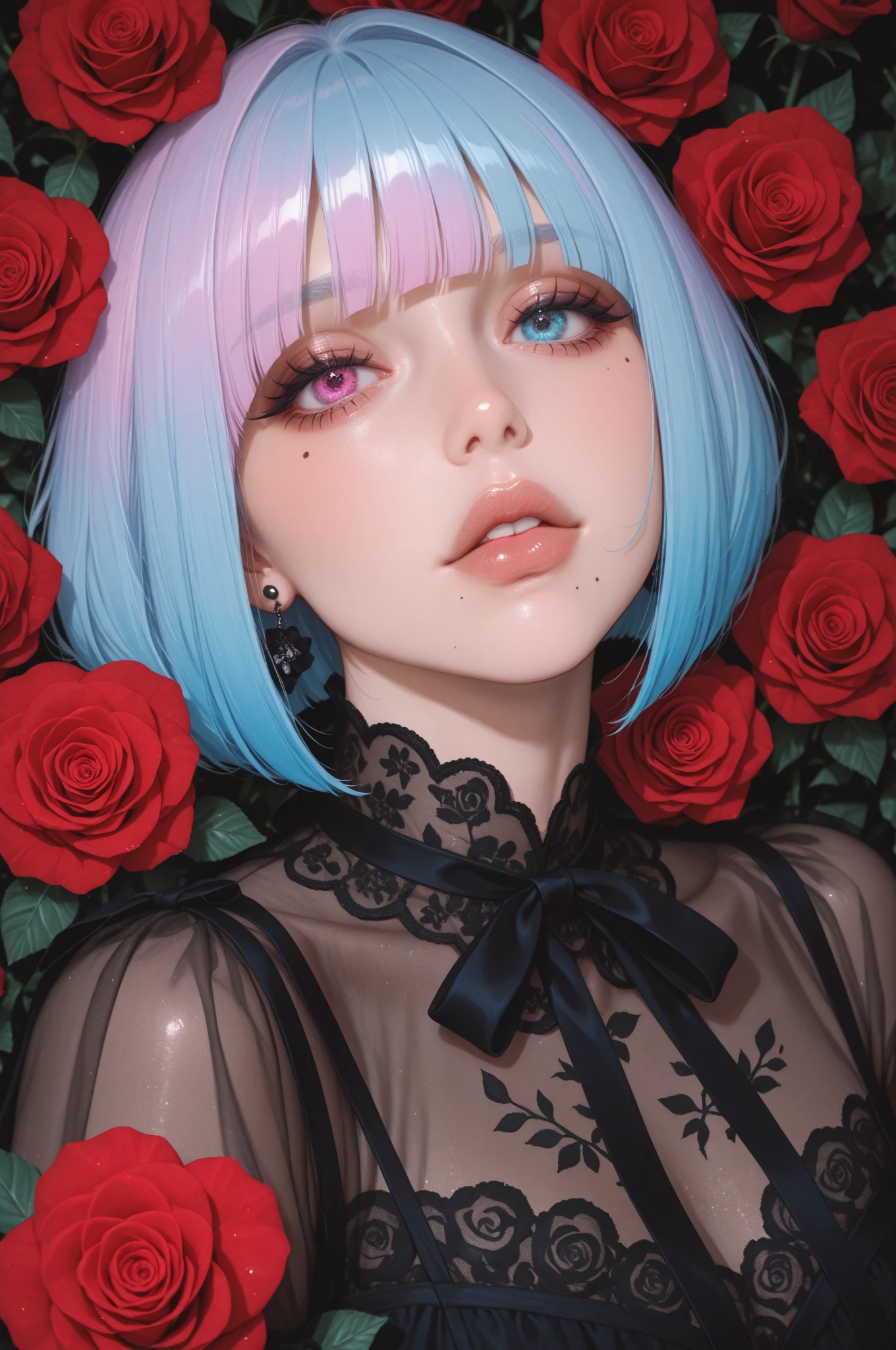Very detailed, Seductive erotic women sweating, Breasts covered with rose petals, (plump, pink/Blue Hair), Face-centered, Face Focus, Complex eyes,