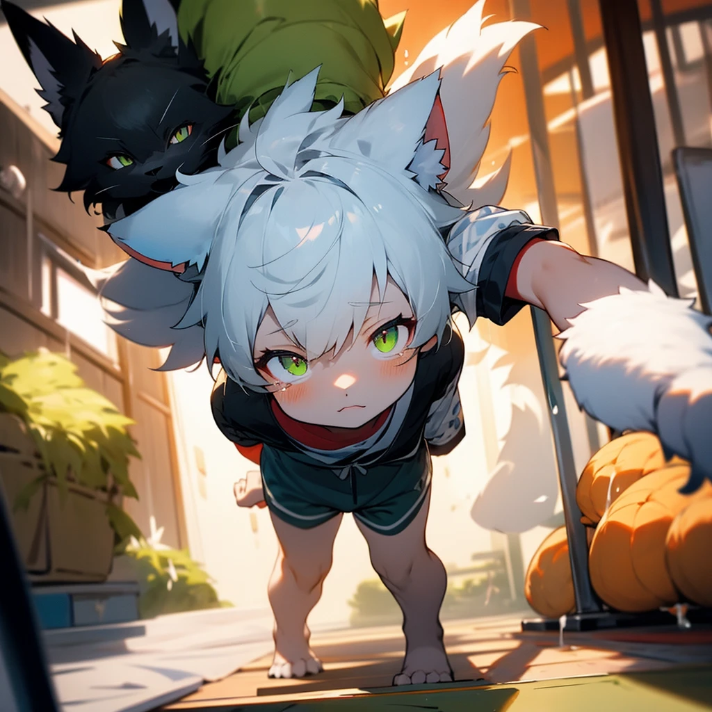 A boy with raccoon ears and tail Wearing gloves Wearing boots Wearing big clothes roundly eyes