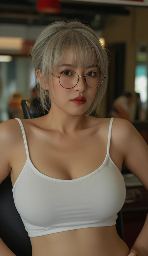 Sweet expression, Kneel down, Put your hands on, White glasses, White short hair, (8K, RAW photos, Reality:1.25) ,( Lip Gloss, eyelash, Shiny face, Smooth skin, best quality, Ultra-high resolution, Depth of Field, Chromatic Aberration, Caustics, Wide-angle light, Natural shadows, Korean Idol) Looking at the audience with calmness and goddess-like happiness, whole body, Large Breasts, White lingerie, black, Transparent shirt, White shirt, secretary
