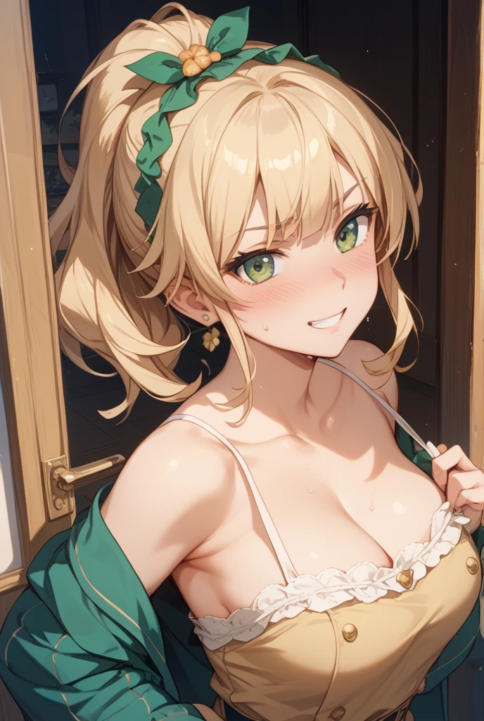 Anime artoria_pendragon_(Fate), Saber, ahoge, green eyes, bare nipples, small breast, (best quality), (wearing dirndl), from above, upper body, spoken question mark, oral invitation, looking at viewer, sit