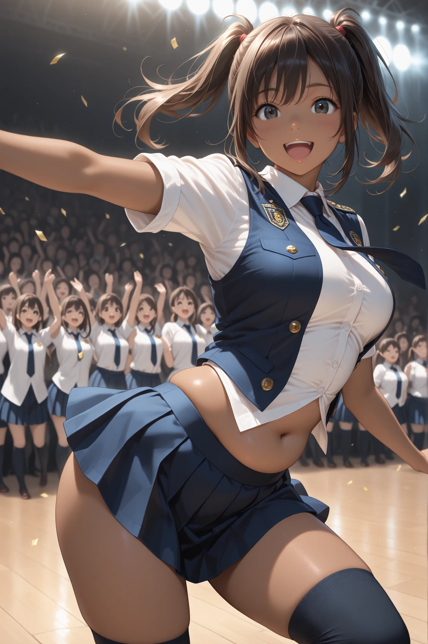 (Very detailed CG Unity 8k 壁紙),(masterpiece), (Highest quality), (Very detailed), (Best illustrations),(Best Shadow), Large Breasts、1 girl, Cheerleader、Panty shot、I can see her panties、Cute Cheerleading Costumes、cheer mini skirt、Dance with your feet up and a smile on your face、Stadium、Large crowd