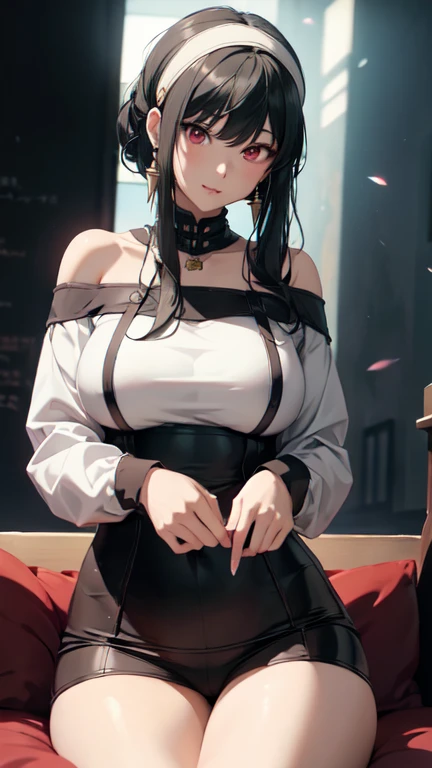 juri han,evil smile, work of art, tight white secretary shirt with black tie, black high waist skirt, short skirt, black hair, black tights, evil smile, office, bangs in the eyes, lighting, hair horn, vision of up, looking up, evil smile, sitting on an office chair, legs crossed
