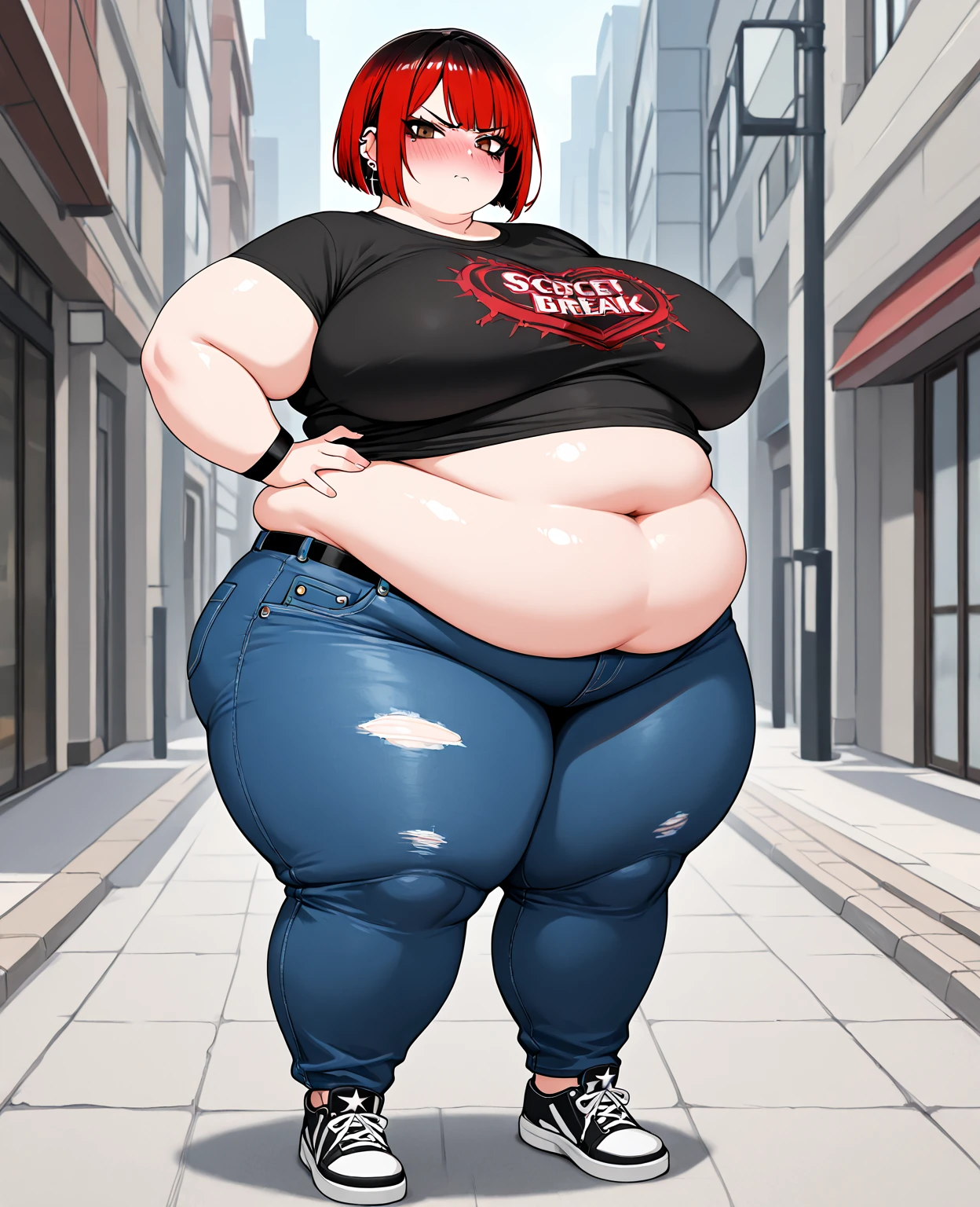 make whitehaired shorthair ssbbw fat mime girl in too tight black jeans and red-white stripes t-shirt she's in city