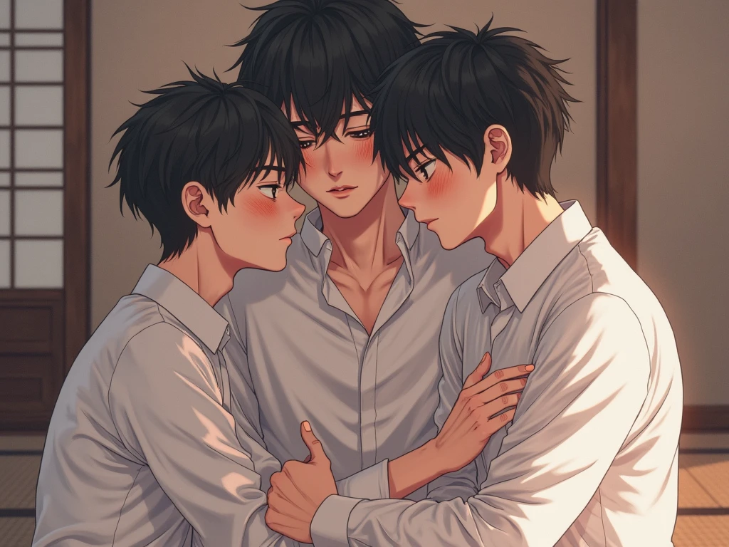 (Masterpiece), (Best Quality), Very detailed, (( Threesome gay guy )), Perfect Face, Beautiful Face, Very detail, (short Black-haired man), (long ponytail blonde-haired man), (mid dark-haired man)、white shirt, chocolate, long eyelashes, in room, effection, blood, open legs, teased