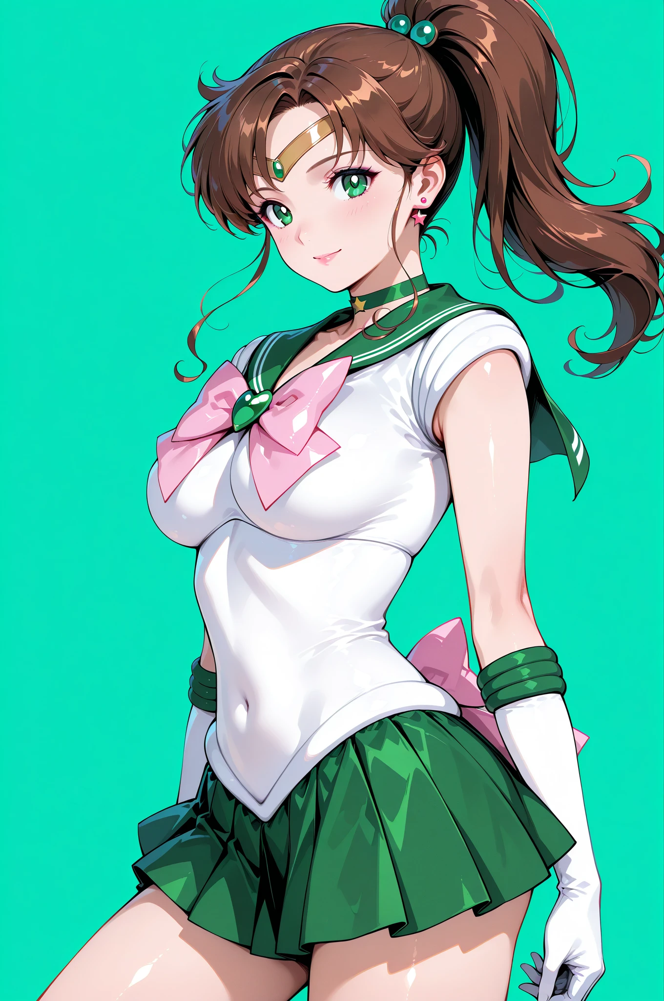 masterpiece, best quality, highres, hmjupiter, green eyes, ponytail, tiara, jewelry, sailor senshi uniform, green sailor collar, choker, elbow gloves, white gloves, pink bow, brooch, leotard, off skirt, cowboy shot, standing, night, moon, flustered,large breasts, panties,white background,simple background, show off nipple,