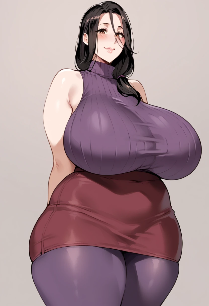 obese and thicc milf , silk waist-long dark hair , big round firm belly, sweater and pants, soft smile, motherly and nurturing, look, cute, tight clothes, tight pants, pants unbuttoned, pants unzipped, belly spilling out