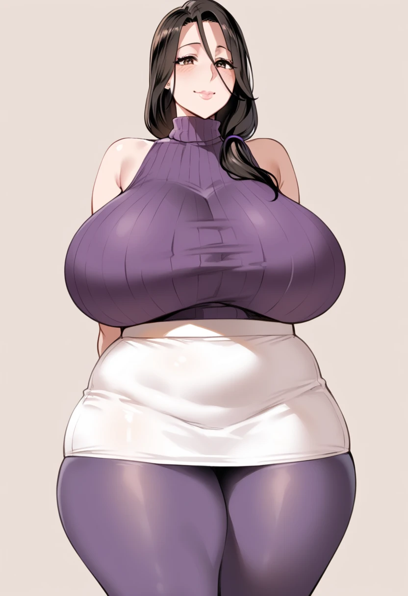 front、Character portrait、Ultra-detailed illustrations、Ultra-precise expression、masterpiece、Highest quality、ultra High resolution、High resolution、Hiromitsu Takeda Style、White background、Simple Background、One Woman、solo、Black purple hair、long hair、Show your forehead、side ponytail、Large Breasts、Voluptuous、Purple shirt、Black tight skirt、Aunt、