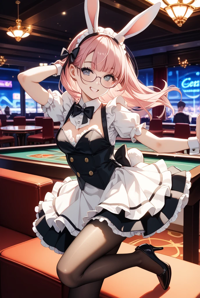 masterpiece, best quality, highres, cckoyans, long hair, twintails, hair bow, black bow, rabbit ears, glasses, large breasts, collared shirt, white shirt, dress shirt, leotard, long sleeves, black gloves, underbust, corset, coattails, white pantyhose, <lora:koyanskaya_of_light_(fate)_v1:0.7>, sitting, table, poker chip, casino