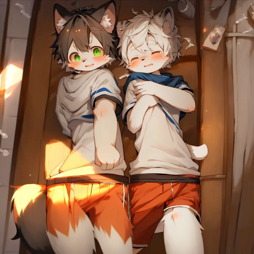 Bright eyes，In panoramic view，Character Focus，single，fluffy，Fluffy Man，Male Focus，Anthr，（full body fur，fluffy tail，Soft white fur，Orange-red eyes，Gray Hair，Orange coat，Grey shorts：1.2）penis(Overflow of the genitals..),One shota press the other one.，Orgasm,Sex life,couple，caress
