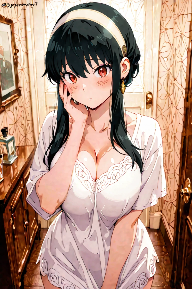 masterpiece, best quality, 1 girl, himeragi yukina, brown eyes, black hair, hair between eyes, medium hair, (healthy skin) , (((blush))), medium hair, (bar) ,((medium breasts )), sitting, healthy skin, dress.