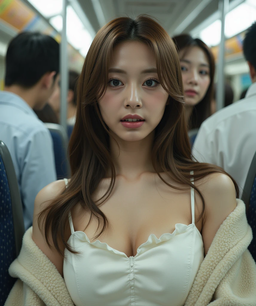A young and beautiful woman、(((I can&#39;t hold my urine:1.7)))、(Anguished expression)、(Legs wide open)、(Take the train)、Detailed eyes and lips、Long eyelashes、Restless posture、Flowing Hair、Stylish clothes、Tense lighting、Realistic portraits、Bright colors、High resolution、Professional photos、Classic beauty、Modern style、Urgent tones、woman, huge breasts, (best quality,4k,8k,highres,masterpiece:1.2), ultra-detailed, (realistic,photorealistic,photo-realistic:1.37), HDR, UHD, studio lighting, ultra-fine painting, sharp focus, physically-based rendering, extreme detail description, professional, vivid colors, bokeh, portraits, (sensual, warm) color palette, (soft, moody) lighting