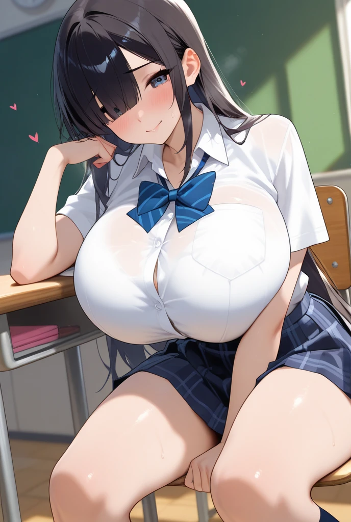 One girl, highest quality, Super detailed, masterpiece, Ultra-high resolution, 8k, Ridiculous, Cowboy Shooting, Focus on the girl, Embarrassing, blush, Lovely, Close one eye, With tears in her eyes and her mouth open, What saliva leaves behind, (arms behind head), (wariza),Classroom Background, (neon, goddess of victory: nikke), (medium breasts), (sagging breasts),(huge nipples), Absolute area, Black knee socks, front shot, from above